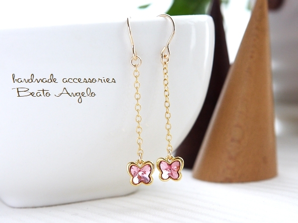 +angelo+K14GF Swarovski 4748. chain earrings (p-003) light rose simple butterfly . pink 