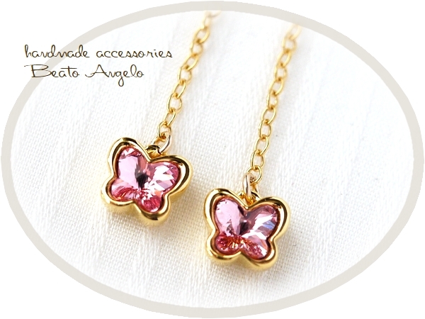 +angelo+K14GF Swarovski 4748. chain earrings (p-003) light rose simple butterfly . pink 