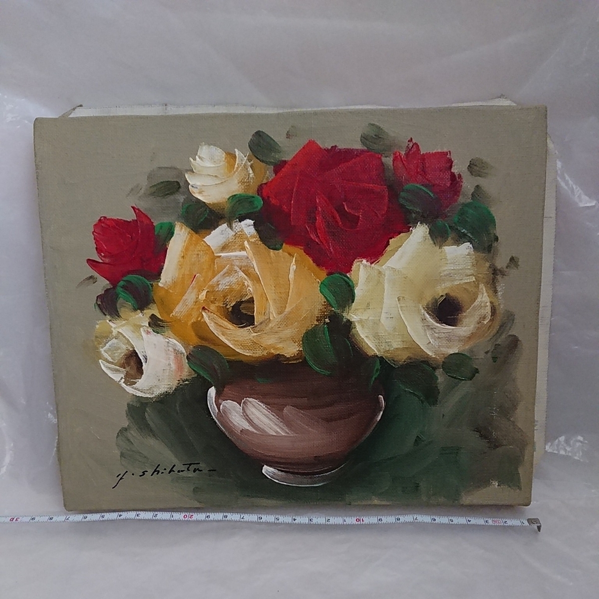 真作 F3 「薔薇」 肉筆油彩画 油絵 ガラスあり-