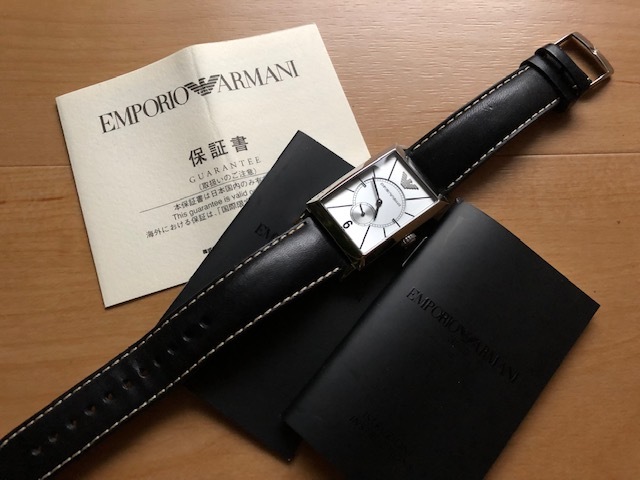 美品程度 付属品有 EMPORIO ARMANI エンポリオアルマーニ スモセコ シルバー系 角ケース 純正革ベルト AR-0129 クオーツ 腕時計