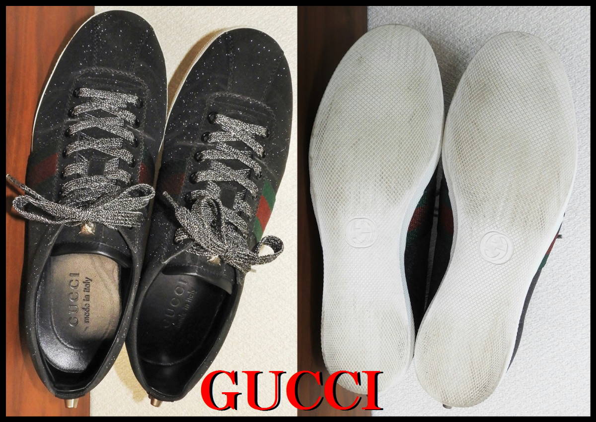  стандартный товар GUCCI ламе Sherry линия спортивные туфли мужской low cut g Ritter заклепки обувь 26.5cm зеленый красный чёрный прекрасный товар Gucci принадлежности в наличии 