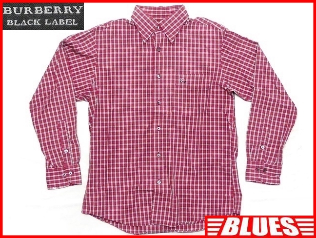 即決★BURBERRY BLACK LABEL★メンズM 長袖チェックシャツ 廃版 バーバリーブラックレーベル 2 レッド 三陽商会正規 ワイシャツ ナイト刺繍