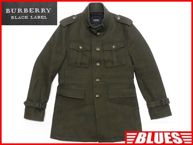 即決★BURBERRY BLACK LABEL★メンズM ウールコート バーバリーブラックレーベル 緑 オリーブ ミリタリー 三陽商会正規 ナイト刻印ボタン