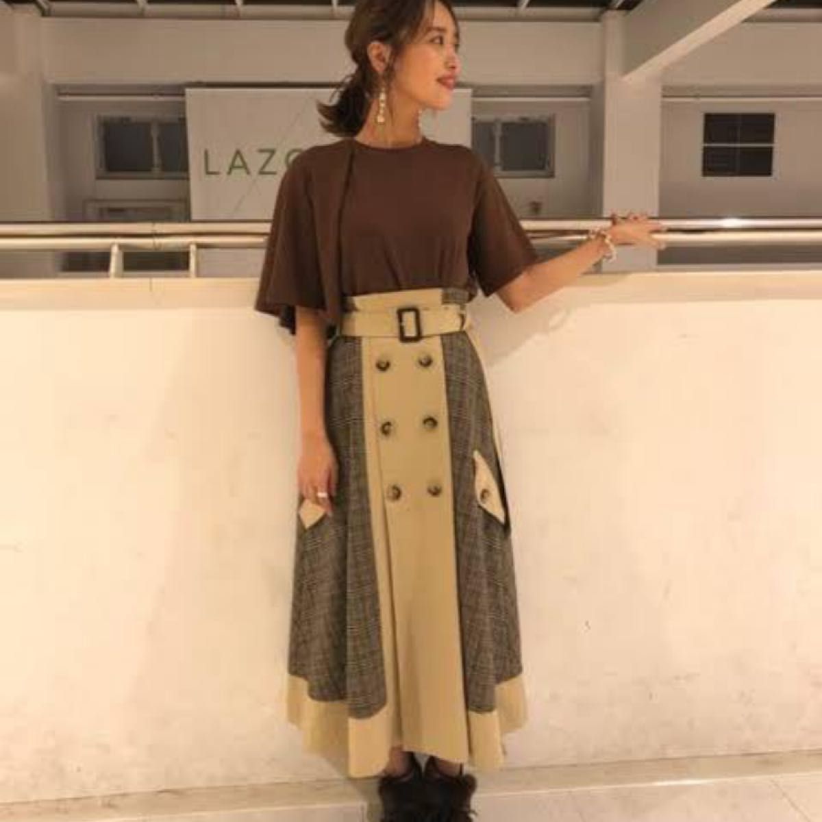 有村架純着用】AMERI アメリ チェックトレンチスカート ベージュ 有村架純着用】AMERI アメリ チェックトレンチスカート ベージュ