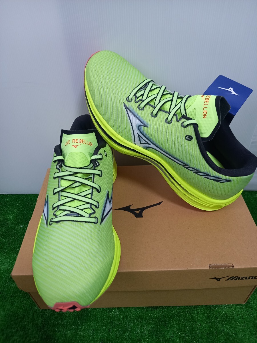 未使用箱付 Mizuno/ミズノ WAVE REBELLION/ウエーブリベリオン ランニングシューズ J1GC2117 ライム×ホワイト×ピンク(02)