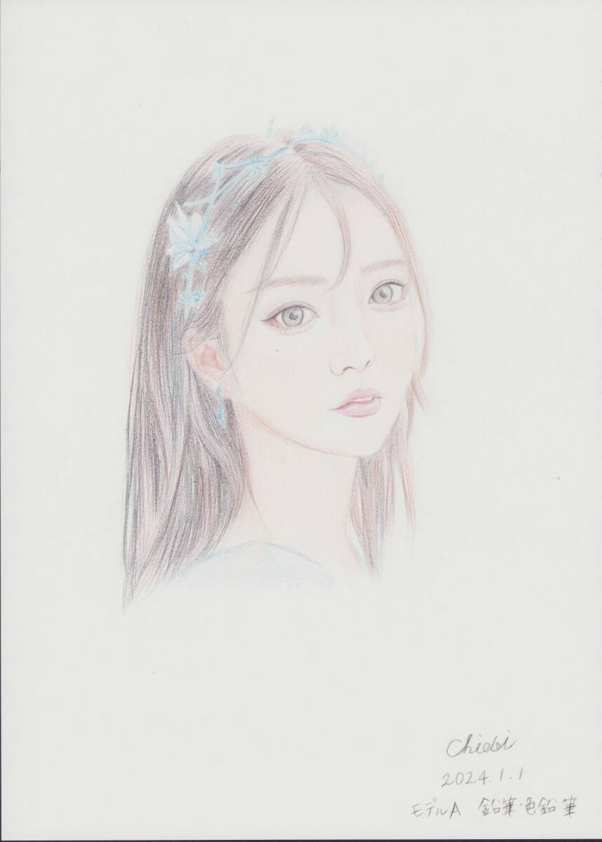 真作」原画A042 青い髪飾りの少女 白ボール紙 鉛筆 色鉛筆画 真作」原画A042 青い髪飾りの少女 白ボール紙 鉛筆 色鉛筆画