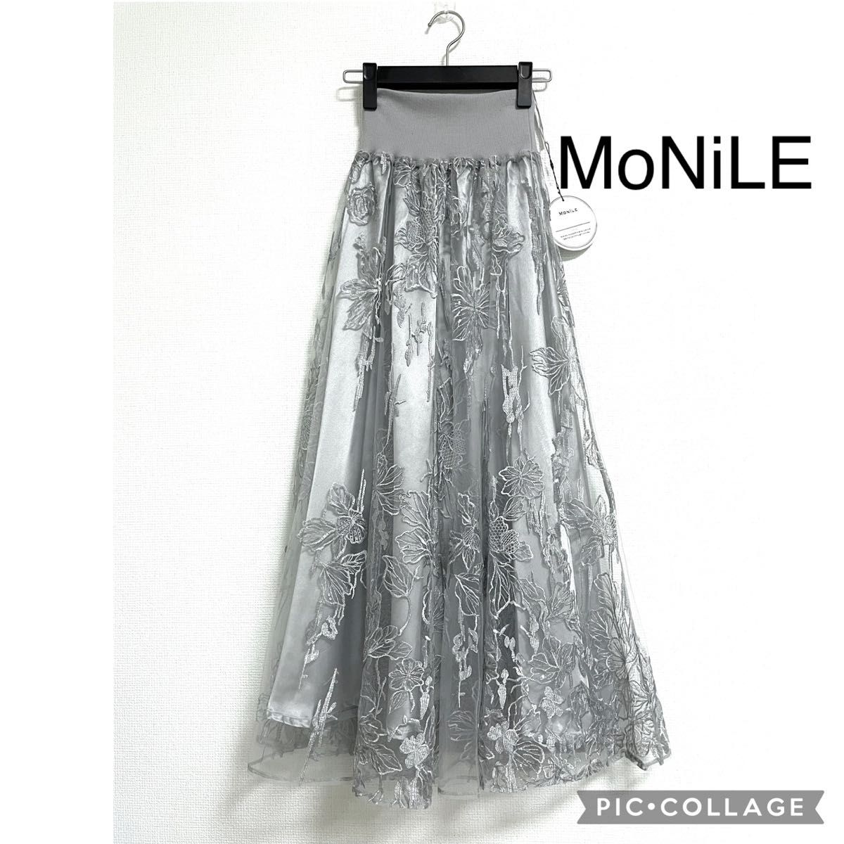 新品】MoNiLE モニーレ ウエストリブ スパンコール 花柄 刺繍 新品】MoNiLE モニーレ ウエストリブ スパンコール 花柄 刺繍