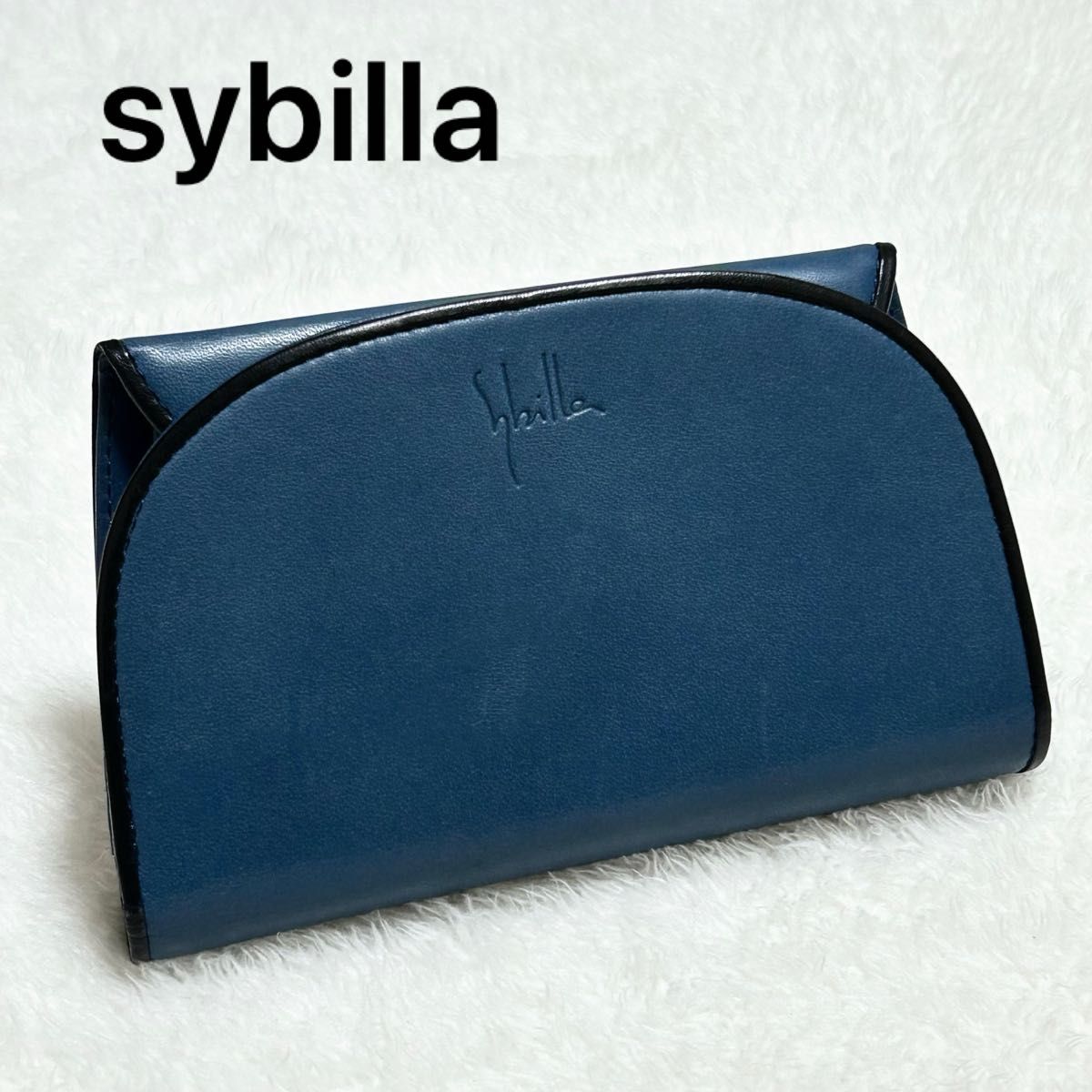 Sybilla シビラ 無地 ロゴ型押し 二つ折り財布 牛革 ブルー Sybilla シビラ 無地 ロゴ型押し 二つ折り財布 牛革 ブルー