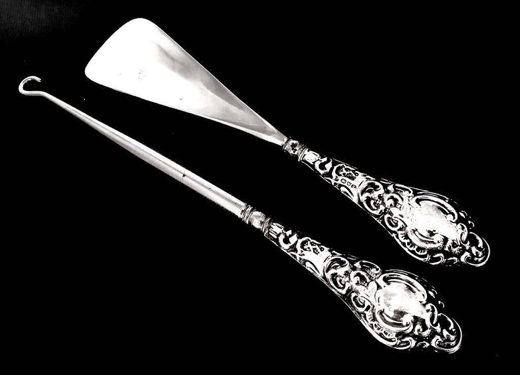  Britain antique shoehorn & button hook shoe horn silver original silver steering wheel ART NOUVEAU properties Edward period Cesta -1906 year JRG company manufactured 