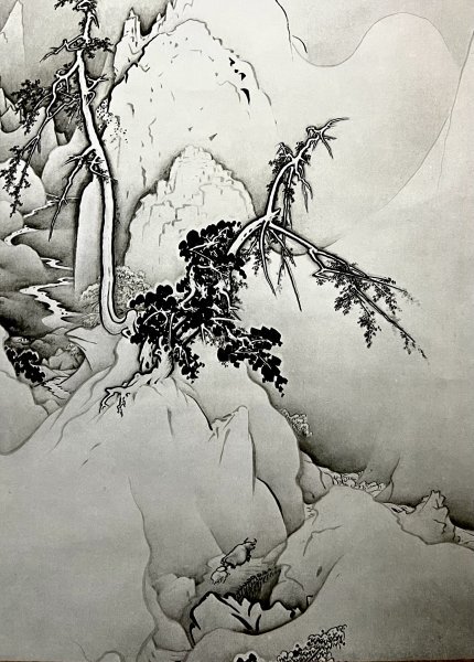 複製/庭野日敬/庭野鹿蔵/越仙/山水図/印刷工芸/布袋屋掛軸HD-795 □ 掛軸 狩野芳崖 雪山暮渓図 工芸印刷 □