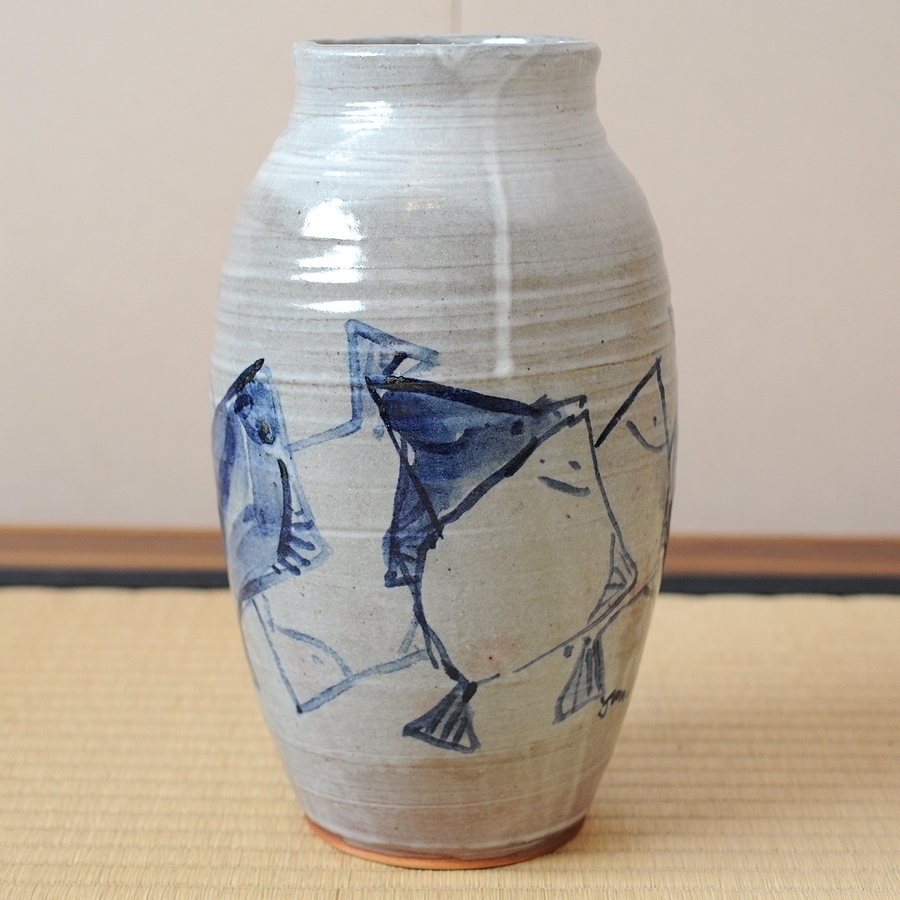 【保障できる】 絵付 吉井淳二 洋画家 霧島焼 文化功労者 文化勲章 花瓶 魚絵 薩摩