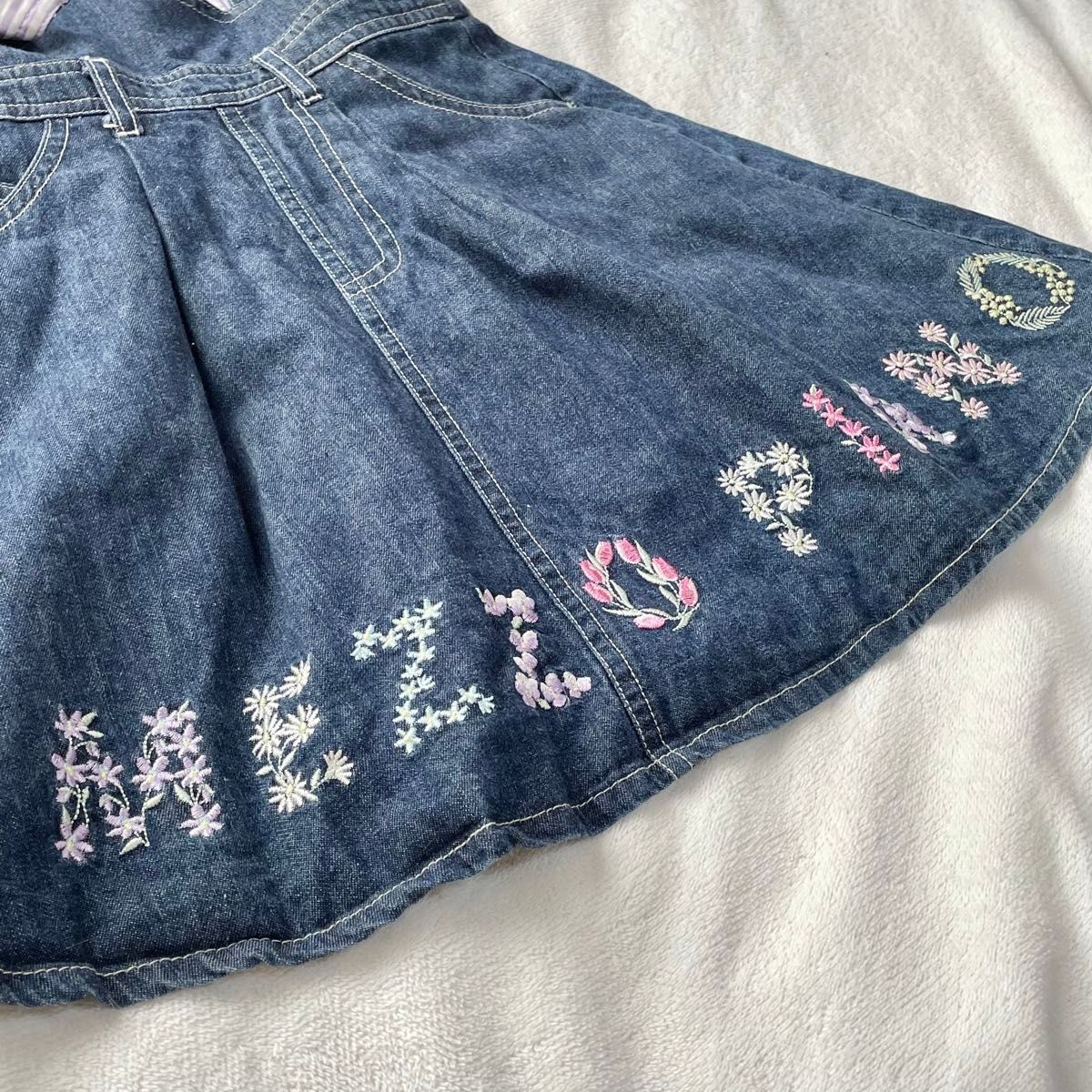 メゾピアノ 裾花ロゴ刺しゅうアシメジャンスカ 100 キッズ 子供服 サロペット デニム 女の子 ワンピース オーバーオール