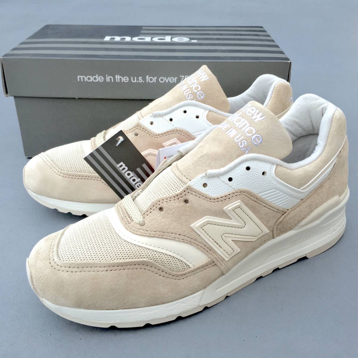 国内正規品 USA製 NEW BALANCE M997PAB TAN US11D 29cm ライトベージュ×ホワイト 限定モデル 新品 スウェード アメリカ米国製_画像1