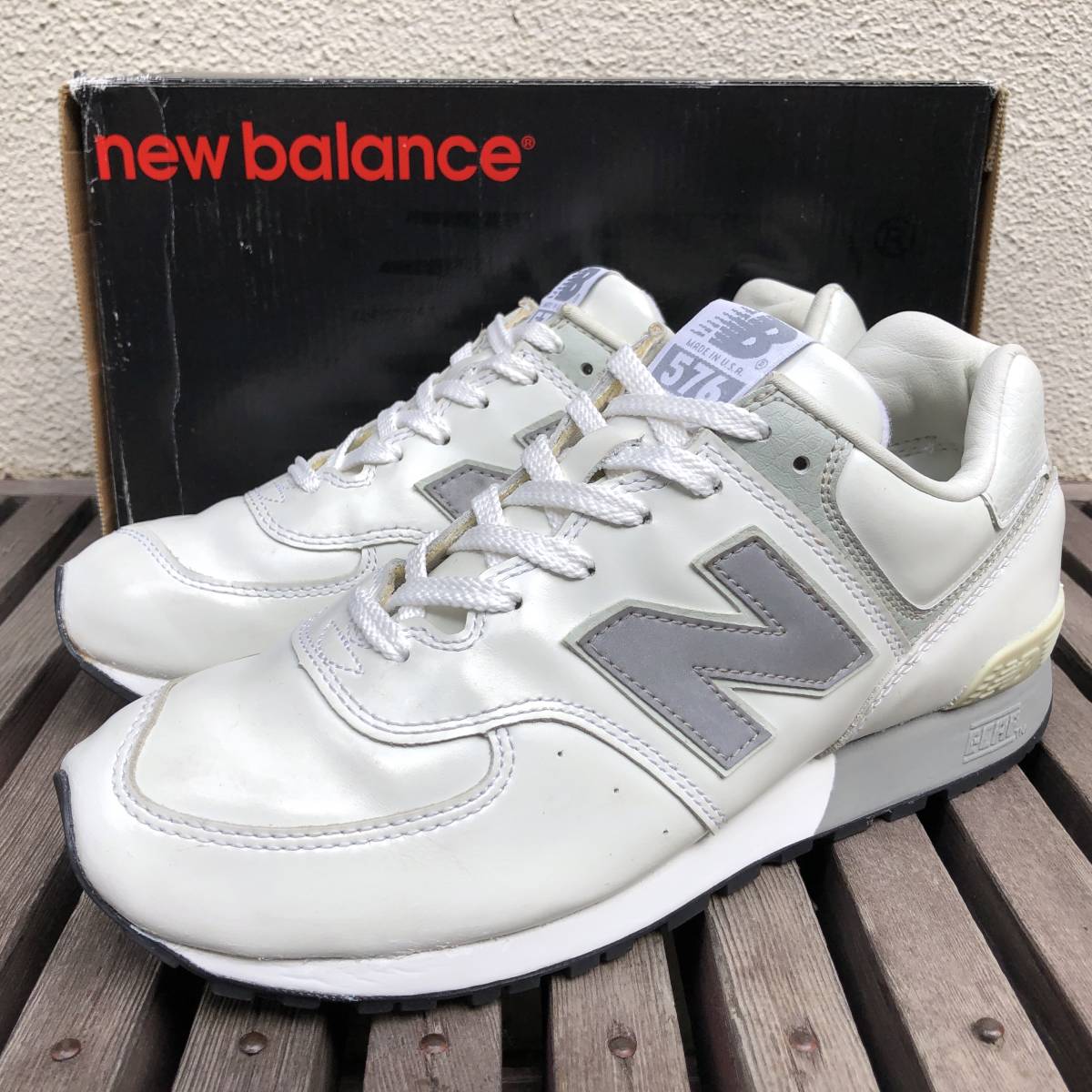 NB公式リペア済 廃番 USA製 NEW BALANCE M576W WHITE US8D 26cm ガラスレザー 美品 中古 ビンテージ アメリカ米国製 白 ホワイト×グレー