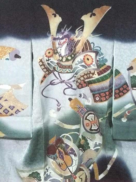 お宮参り初着 ub205 男の子 着物 産着 お祝い着 紺地 兜柄 かぶと柄