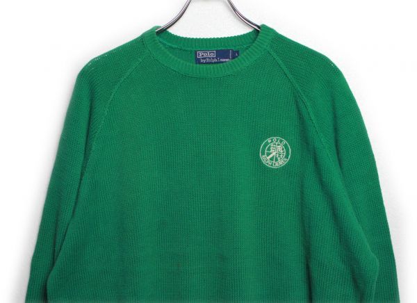 【予約受付中】 ポロラルフローレン 90's クッキーパッチ ９０年代 POLO 緑 (L) コットンニットセーター クルーネック 刺繍入り セーター
