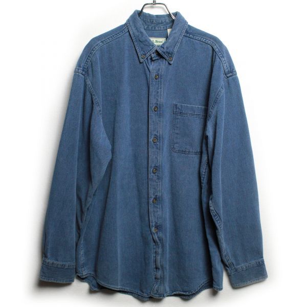 90's LLビーン LLBEAN インディゴ染め コットン ボタンダウンシャツ 長袖 (L) 藍色 90年代 旧タグ_画像2