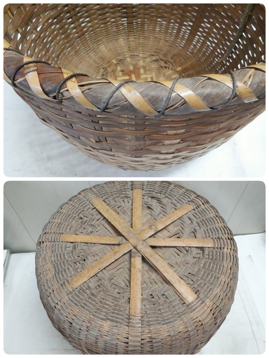 レトロ!!　古民具 古い竹籠 竹かご【 φ44×33cm 】長(zhǎng)期保管在庫品 編み込み 大型 農(nóng)具