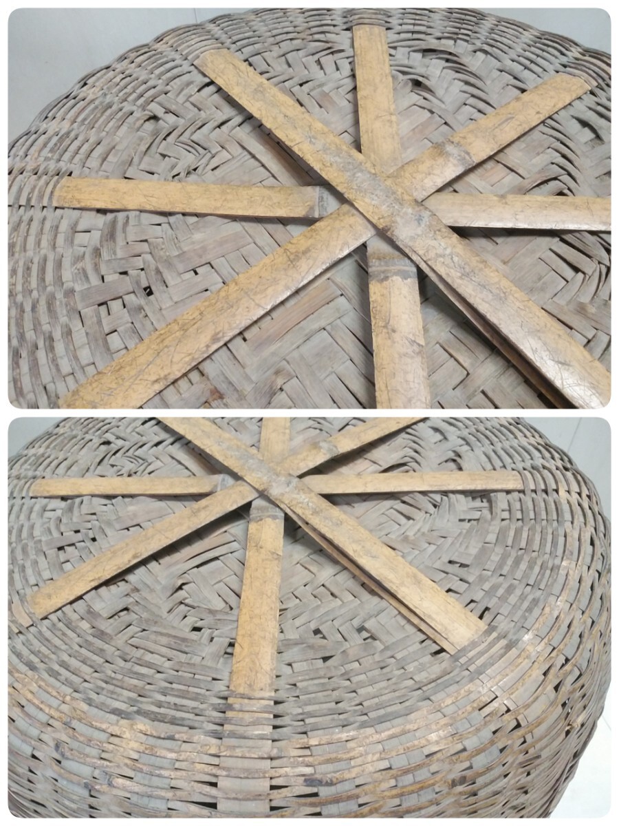 レトロ!!　古民具 古い竹籠 竹かご【 φ44×33cm 】長(zhǎng)期保管在庫品 編み込み 大型 農(nóng)具