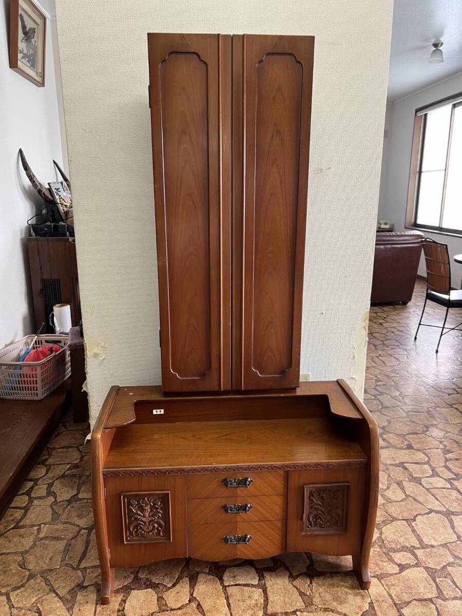 木製 三面鏡 ドレッサー スツール レトロ コンセント付 家具 鏡台 メイク台 寝室 収納 昭和 【中古品】 愛知県発