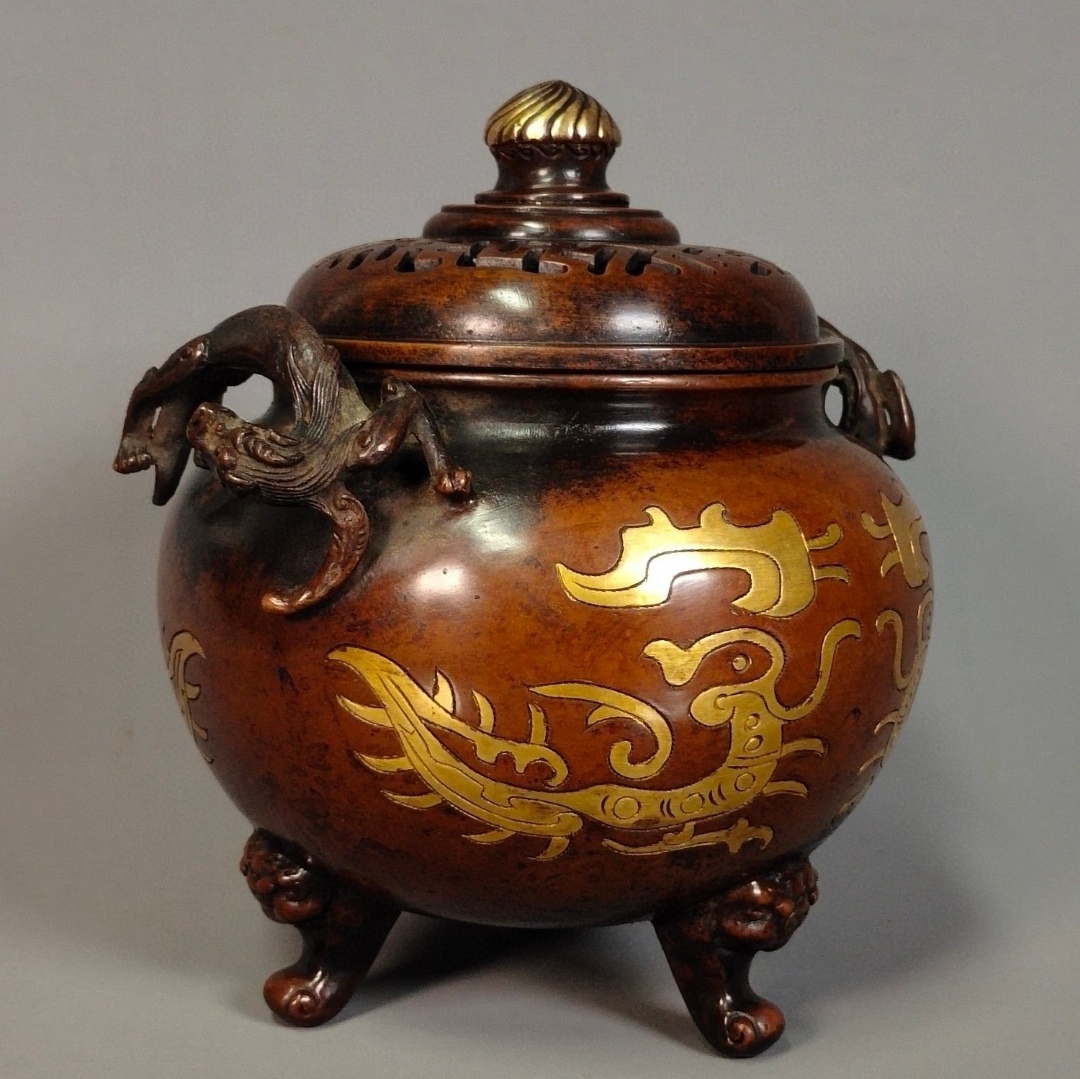 ▽鴻▽清朝時代 古銅彫 龍首耳香炉 永宝用底款 時代物 中国古 ▽鴻▽清朝時代 古銅彫 龍首耳香炉 永宝用底款 時代物 中国古