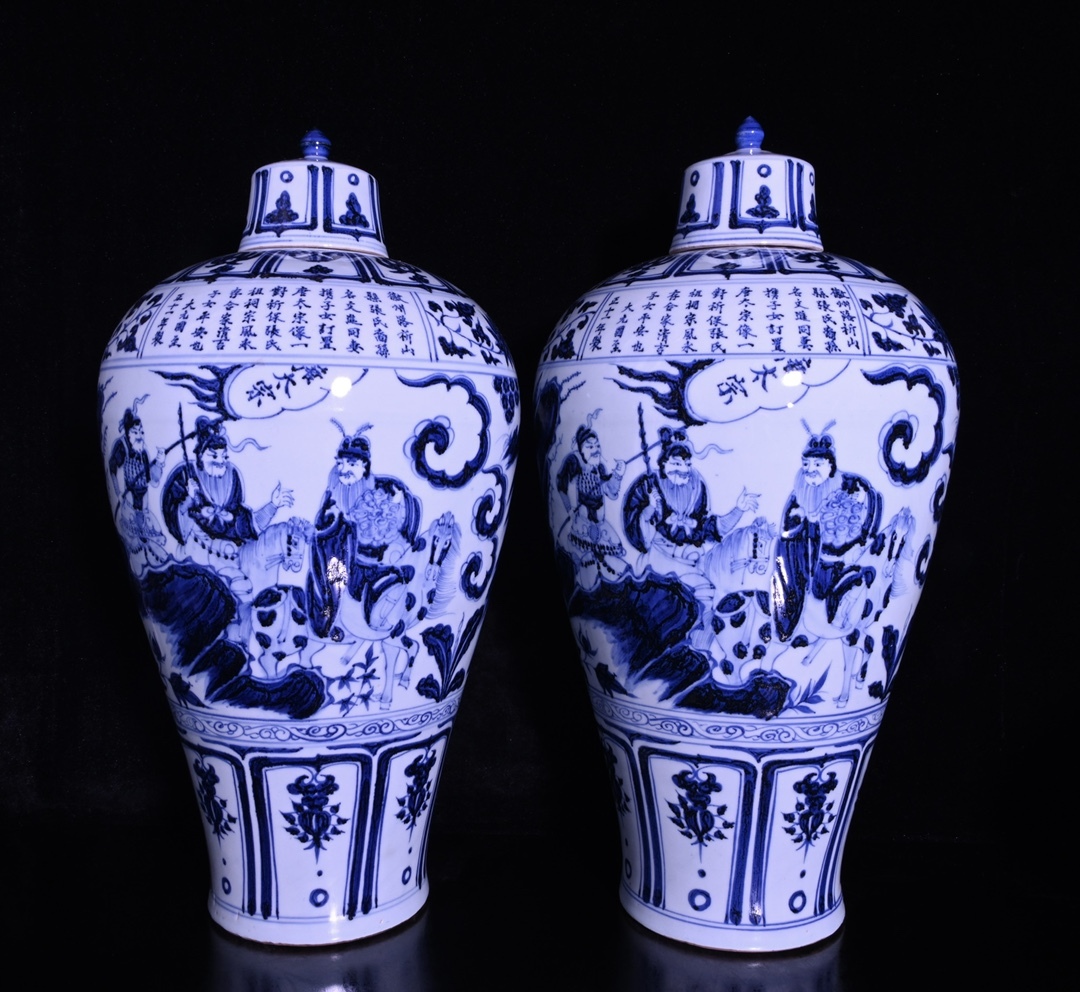 旧蔵 元 青花 唐太宗人物物語紋 梅瓶ペア 陶芸 磁器 中国磁器 旧蔵 元 青花 唐太宗人物物語紋 梅瓶ペア 陶芸 磁器 中国磁器