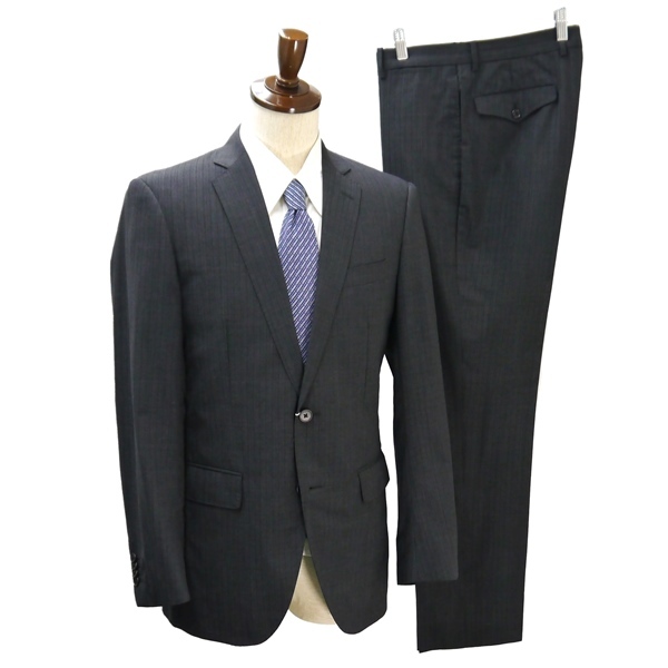4NL010】THE SUIT COMPANY 2つボタン シングルスーツ Y7 L ダークグレー シャドーストライプ ノータック 本切羽 春夏 TA4703