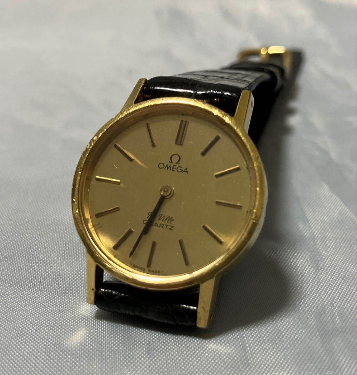 オメガ OMEGA デビル DEVILLE デヴィル QZ クォーツ ゴールド文字盤 プッシュ式 稼働 ラウンド電池交換済 ヴィンテージ コレクション 1円〜