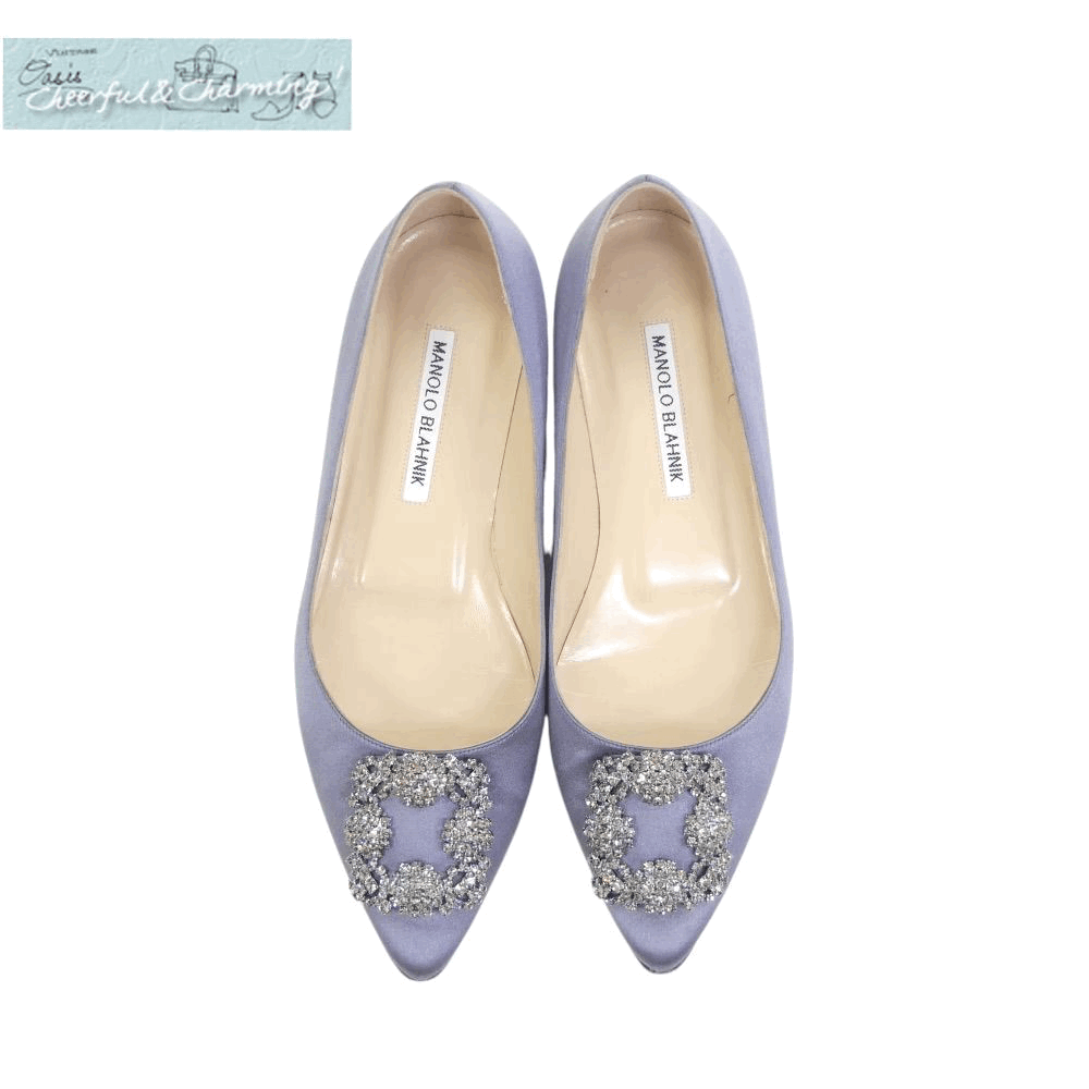 MANOLO BLAHNIK ハンギシフラットシューズ 37 グレー サテン#ビジュー 詳細確認ください