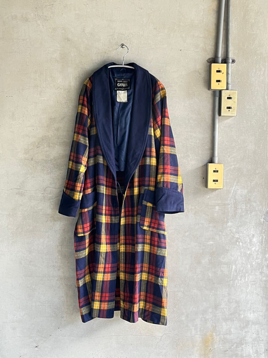 80s 80年代 90s 90年代 ビンテージ MENS HOLY GOWN タータンチェック 柄 ネル ショールカラー ガウン ロング ベロア 古着 メンズ コート