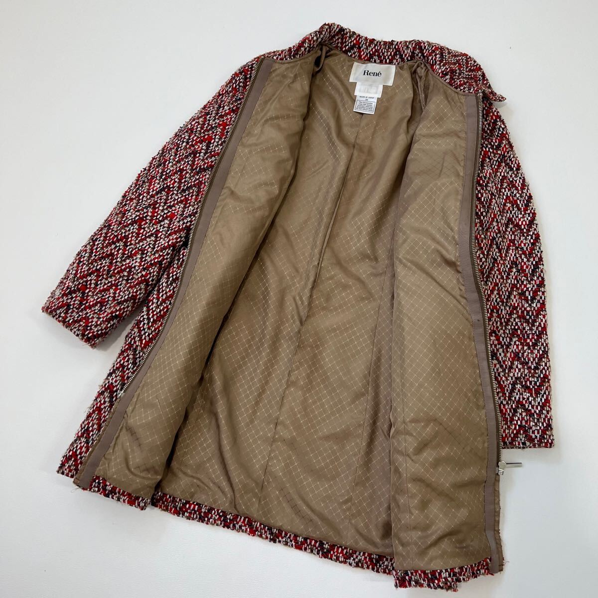 Rene ルネ　ロングコート　アウター　ロングジャケット　TISSUE製生地 美品 Rene ルネ ロングコート ツイードコート 2way フード レッド