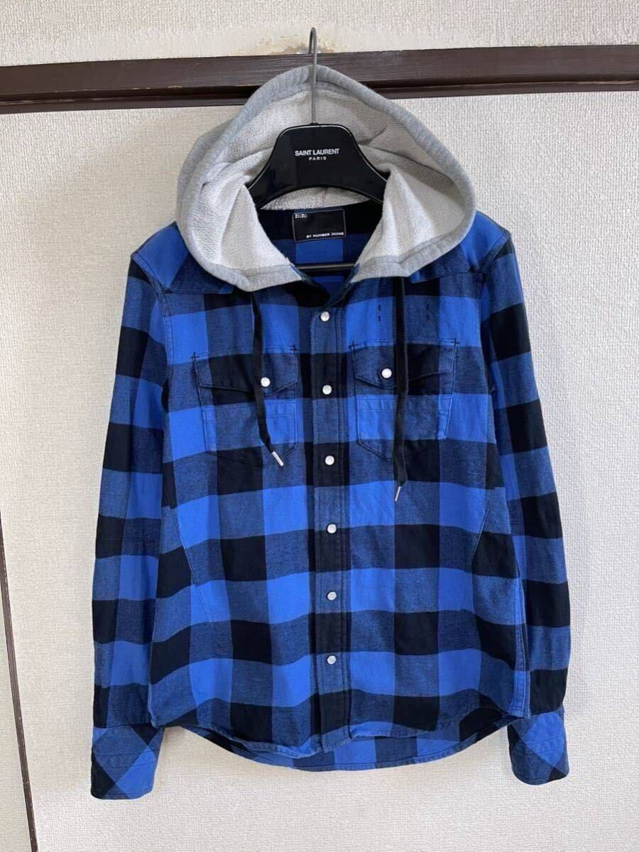 【良品】【レターパックプラス対応】 NUNBER NINE ナンバーナイン HOODED SHIRTS フードネルシャツ 長袖 BLUE ブルー 青色 即決早い者勝ち_画像3