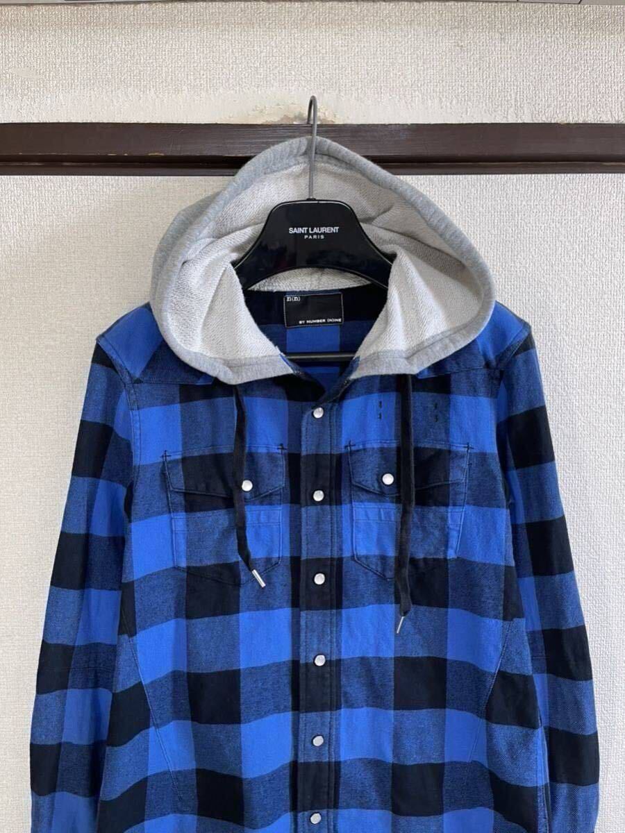 【良品】【レターパックプラス対応】 NUNBER NINE ナンバーナイン HOODED SHIRTS フードネルシャツ 長袖 BLUE ブルー 青色 即決早い者勝ち_画像5