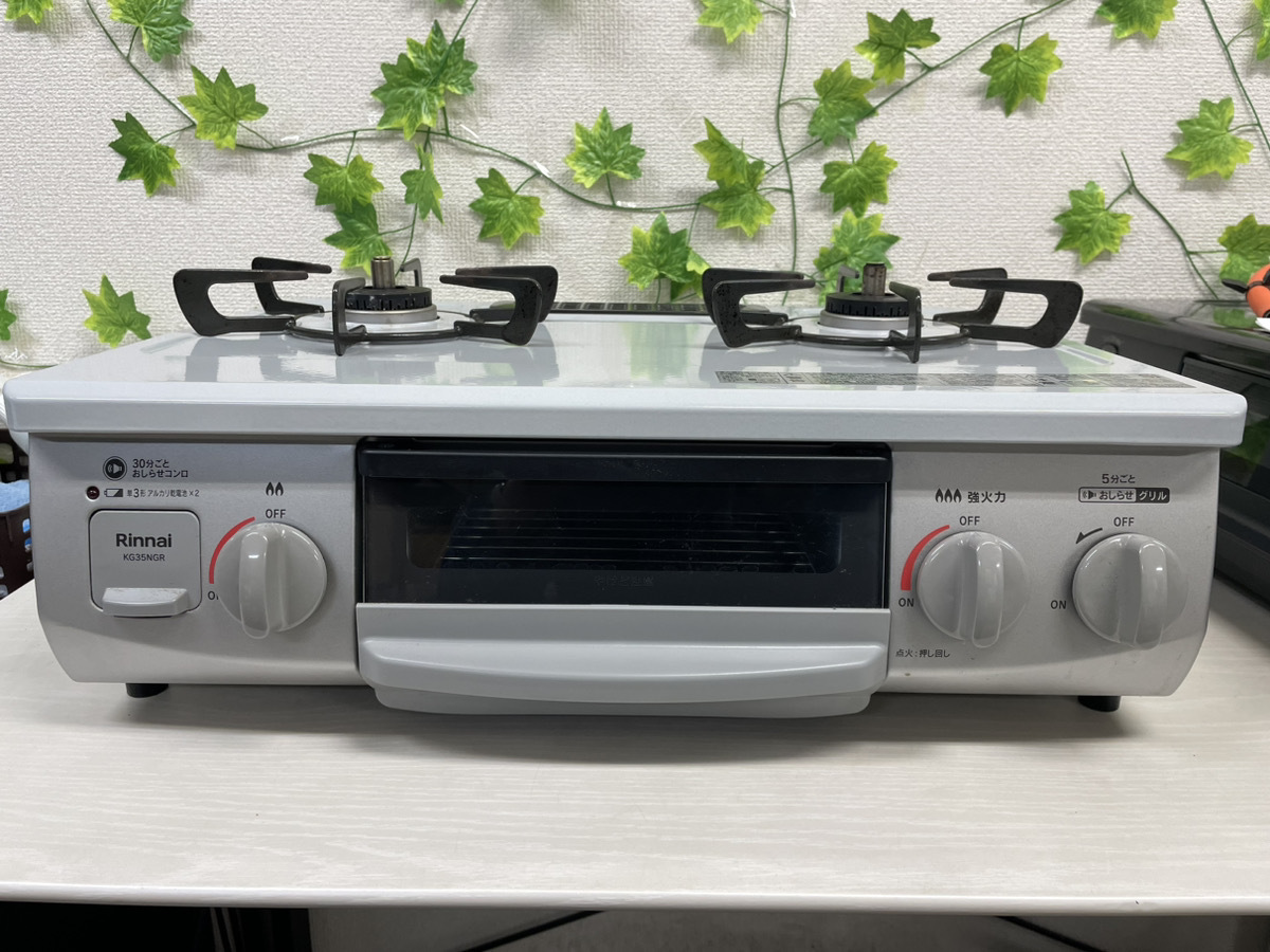 美品 7242-02☆リンナイ/ガスコンロ/二つ口/単三電池式/グレー