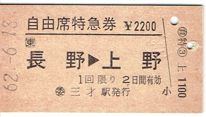 【硬券 □東 自由席特急券】長野→上野　昭和62年　三才駅発行