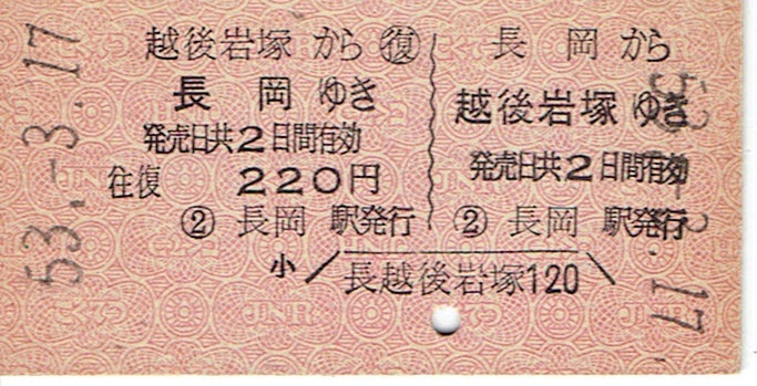 【硬券 往復乗車券】長岡⇔越後岩塚　昭和53年
