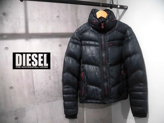DIESEL ディーゼル/収納フード ダウンジャケット L/ライダース ダウンブルゾン/黒 ブラック/メンズ
