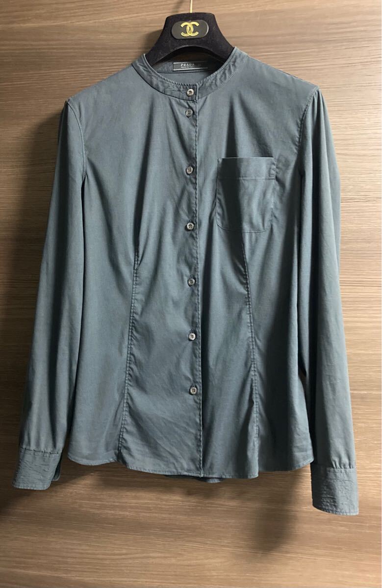 美品 PRADA ヴィンテージ グレー コットン 長袖 ブラウス シャツ 38