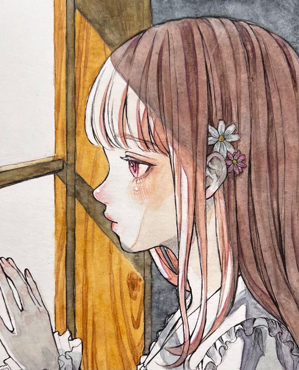 手描きイラスト 水彩 お花と女の子 - アート/写真