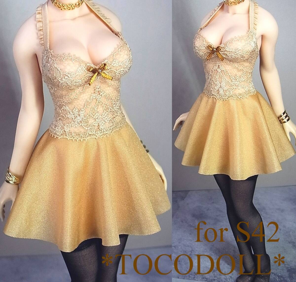 ＊toco＊Phicen/TBLeague用 S42 ホルターフリル レースフレアワンピース/ベージュ