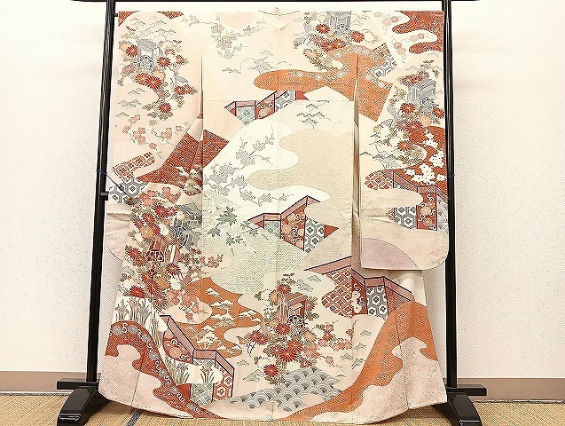 平和屋着物■豪華振袖　駒刺繍　御所車菊花文　銀彩　逸品　BAAK6463pk