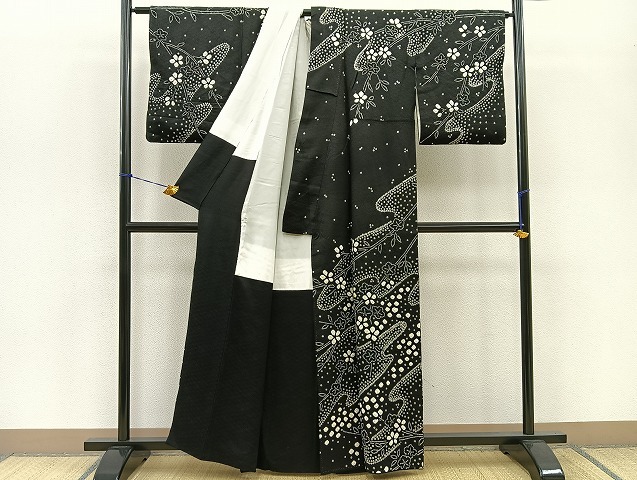 平和屋着物□訪問着 総絞り 流水花文 黒地 正絹 逸品 BAAK2746me