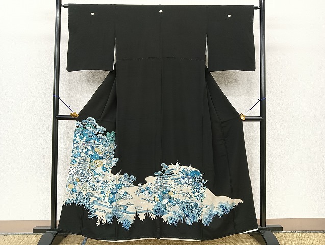 平和屋着物■豪華黒留袖　友禅　駒刺繍　流水風景草花文　暈し染め　正絹　逸品　BAAJ6281ck