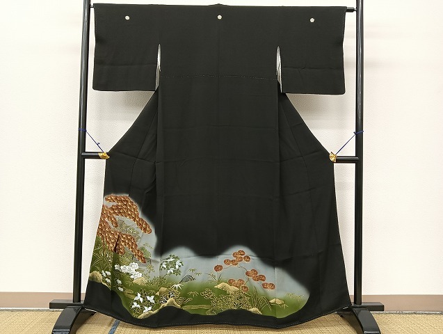 平和屋着物■豪華黒留袖　刺繍　風景草花文　暈し染め　金彩　正絹　逸品　BAAJ6284ck