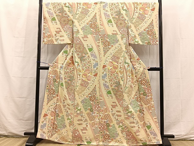平和屋着物■上質な小紋　寿光織　熨斗吉祥文様　金通し地　正絹　逸品　未使用　BAAK3978hz