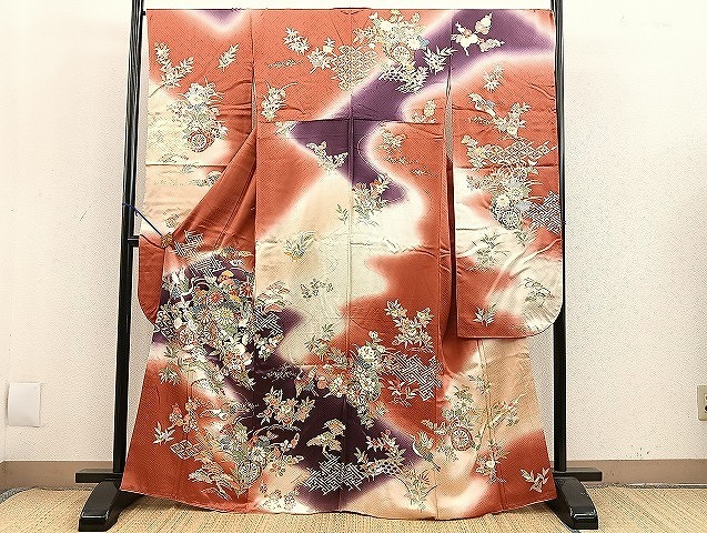 平和屋着物■豪華振袖　刺繍　飛鶴花車文　暈し染め　金彩　逸品　BAAK8868ct