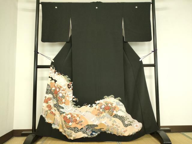 平和屋着物■豪華黒留袖　飛鶴扇面草花文　金彩　逸品　DAAJ0738cm