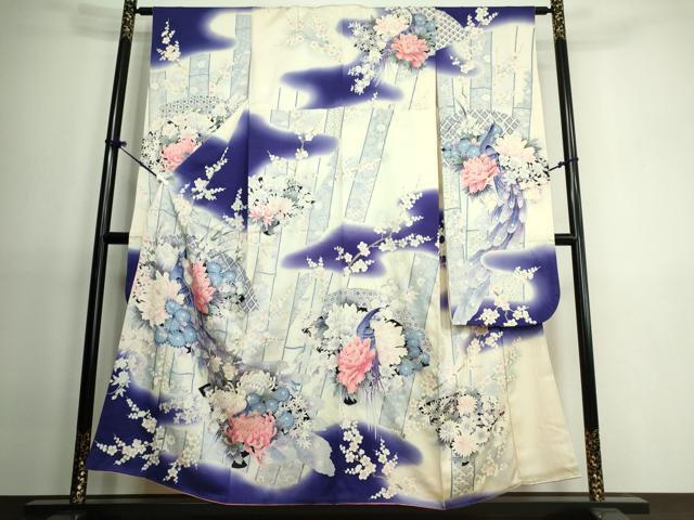 平和屋着物■豪華振袖　孔雀扇面竹花文　暈し染め　金銀彩　逸品　DAAJ3162cf