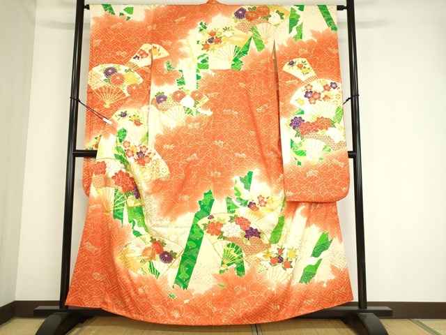 平和屋着物■豪華振袖　駒刺繍　吉祥扇面草花文　暈し染め　金彩　逸品　DAAI7211we