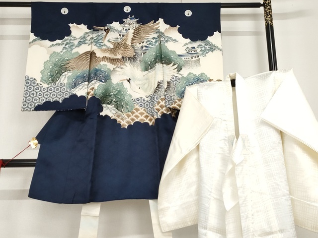 平和屋着物■七五三　男の子　５歳　祝着　襦袢セット　風景飛鳥文　金彩　逸品　AAAL2348Aog